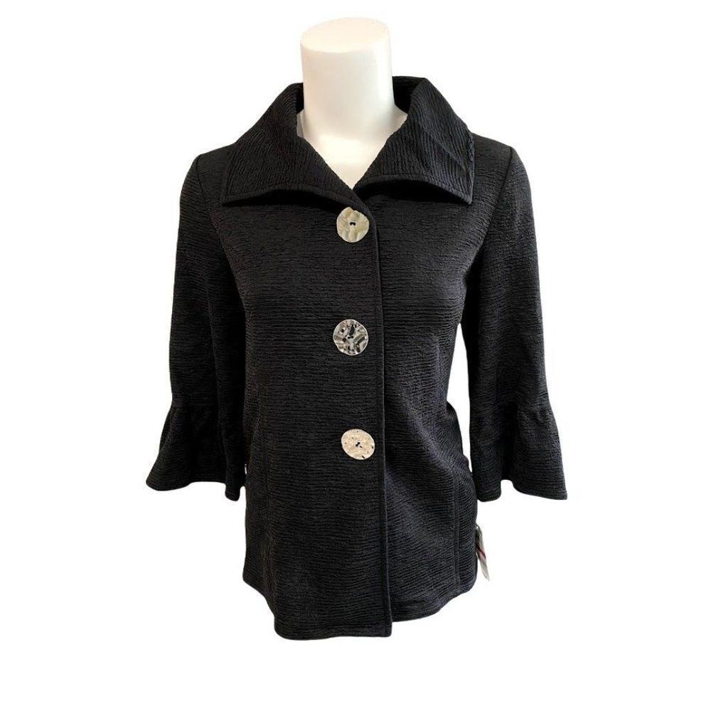 JM Collection Blazer Jacket Small Black Women's Bell-Sleeve Oversized-Button NEW